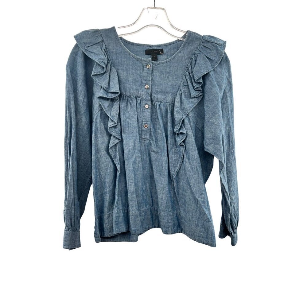 J. Crew Women's Denim Ruffle Pullover Top Long Sleeve Blue Size 6